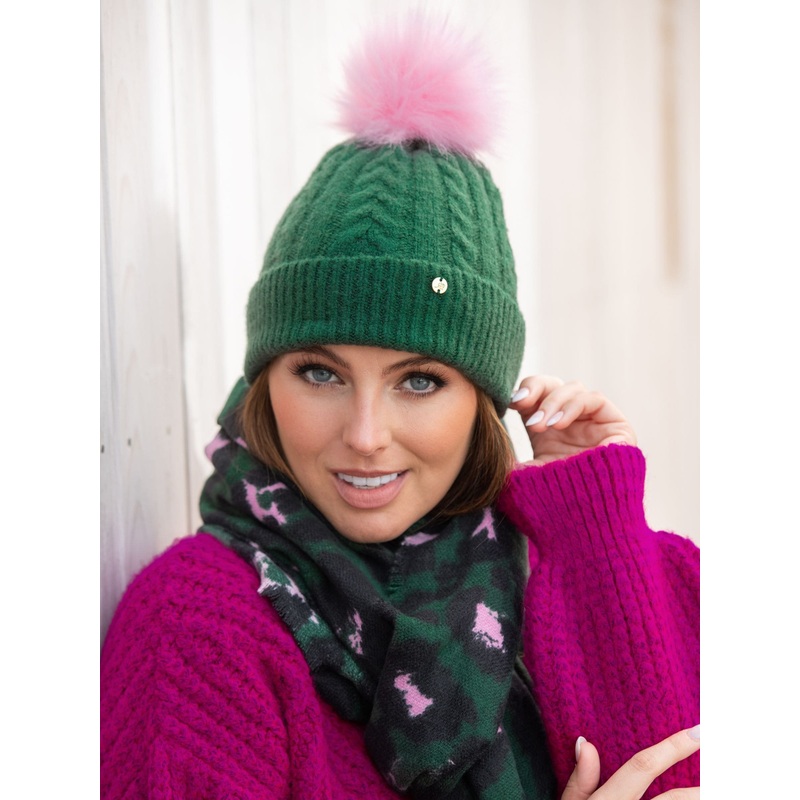 Pour Moi Green & Pink Cable Knit Contrast Pom Beanie Hat