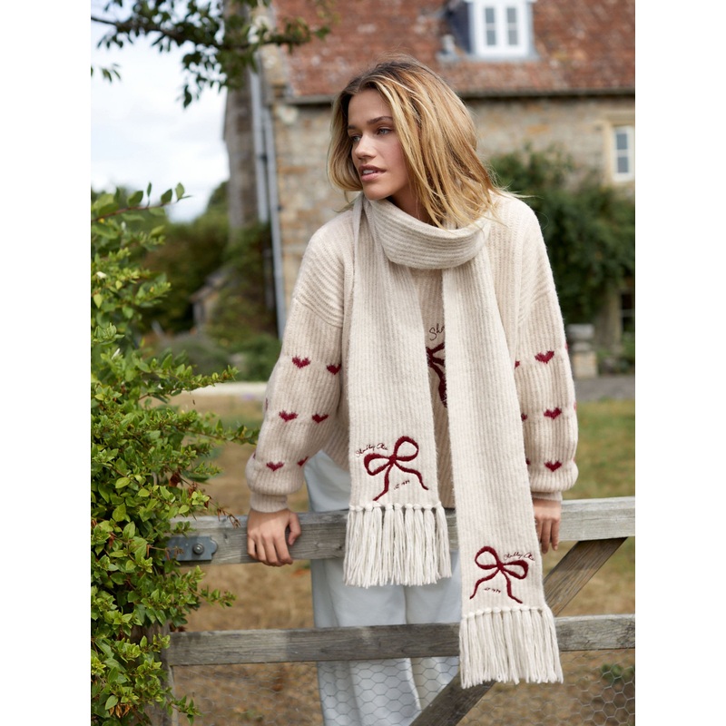 Shabby Chic by Rachel Ashwell Cream Knitted Bow Embroidered Scarf