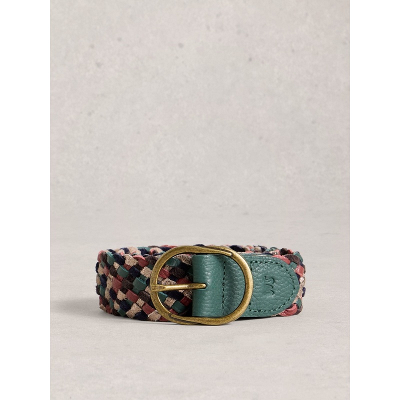 White Stuff Green Leather Weave Belt