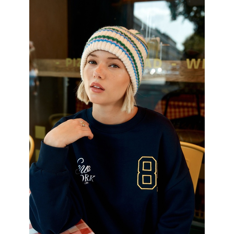 Cream/Pink/Green Knitted Beanie Hat