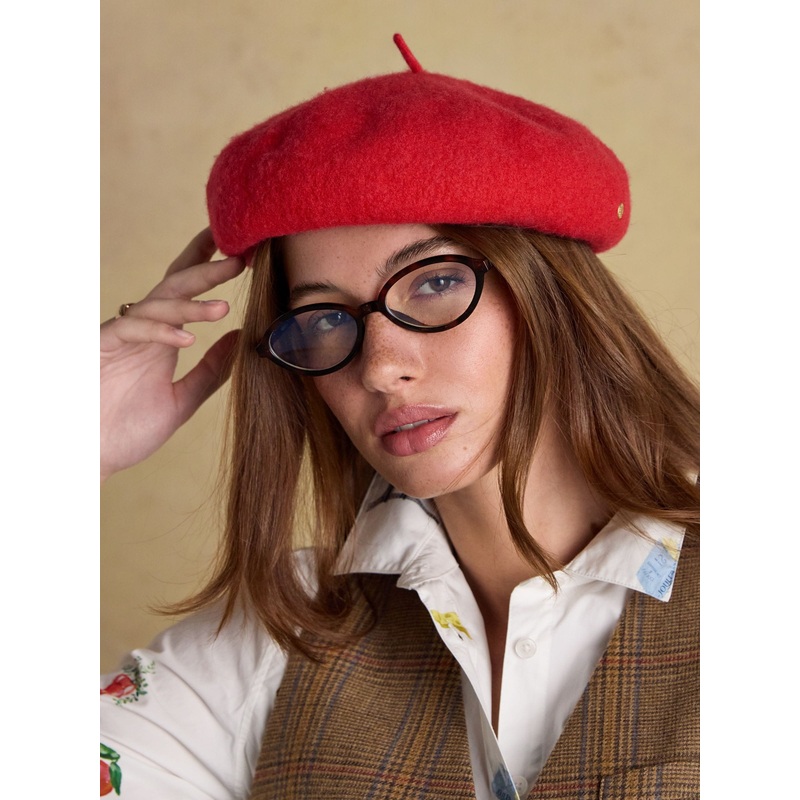 Joules Amelie Red Adjustable Wool Beret Hat