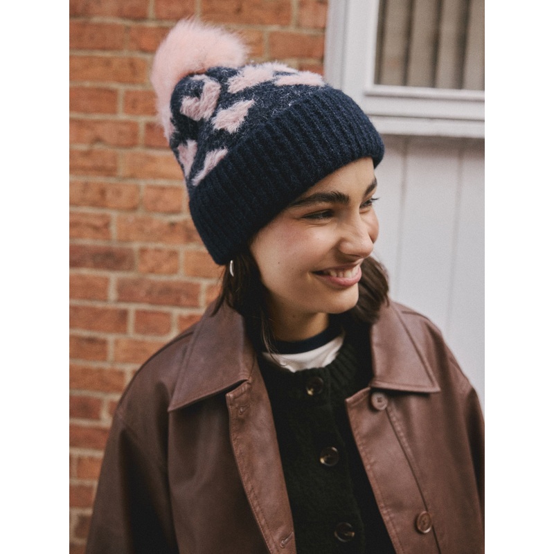 Navy/Red Hearts Knitted Pom Hat