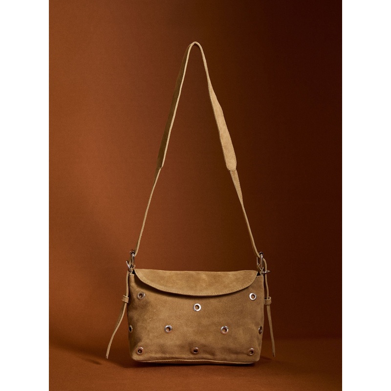 Apricot Brown Eyelet Suede Crosbody Bag