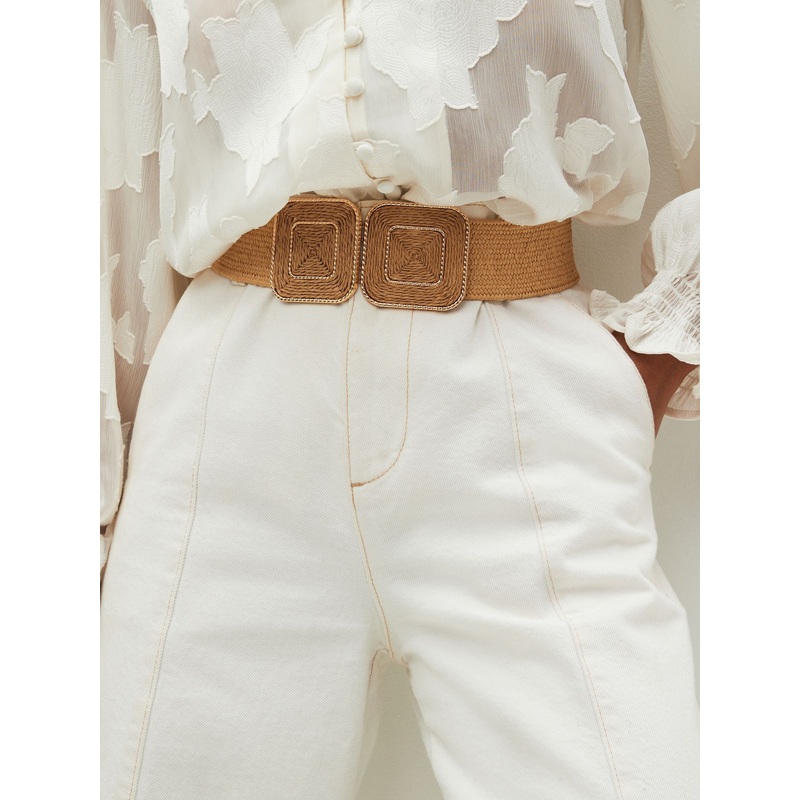 Natural Square Buckle Wide Raffia Effect Belt