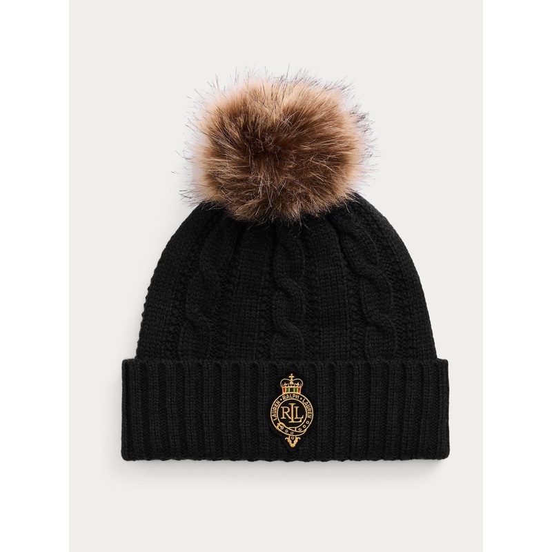 Lauren Ralph Lauren Black Patch Knitted Pom Beanie Hat
