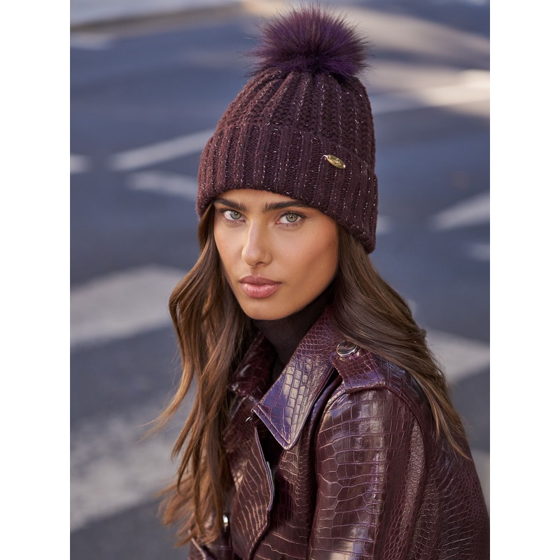 Lipsy Berry Shimmer Ribbed Pom Hat