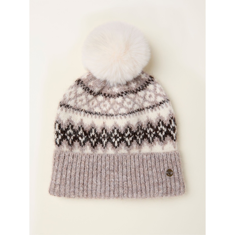 FatFace Fleur Beige Fairisle Bobble Hat