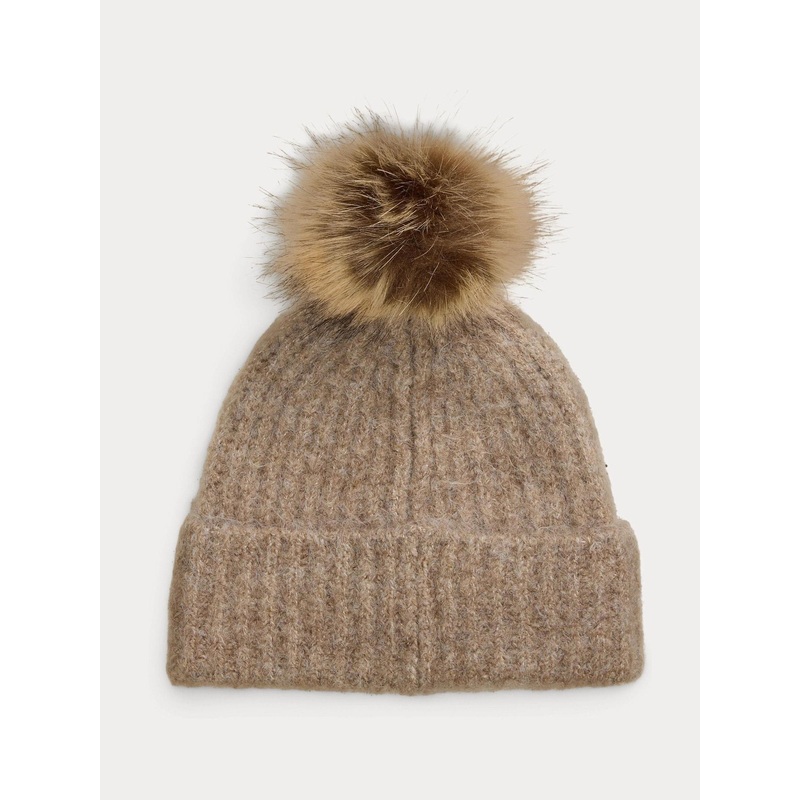 Lauren Ralph Lauren Brown Ribbed Logo Knitted Pom Beanie Hat