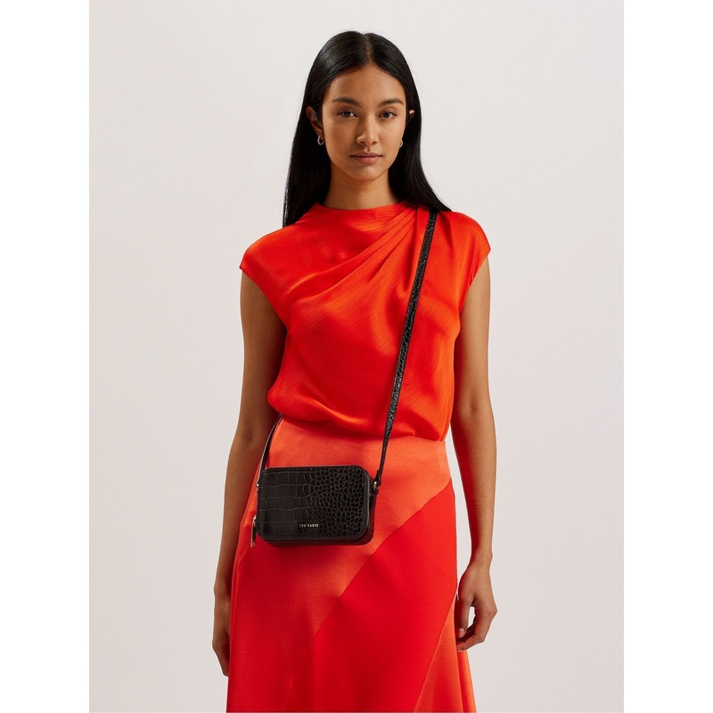 Ted Baker Black Stina-Double Zip Croc Effect Mini Camera Bag