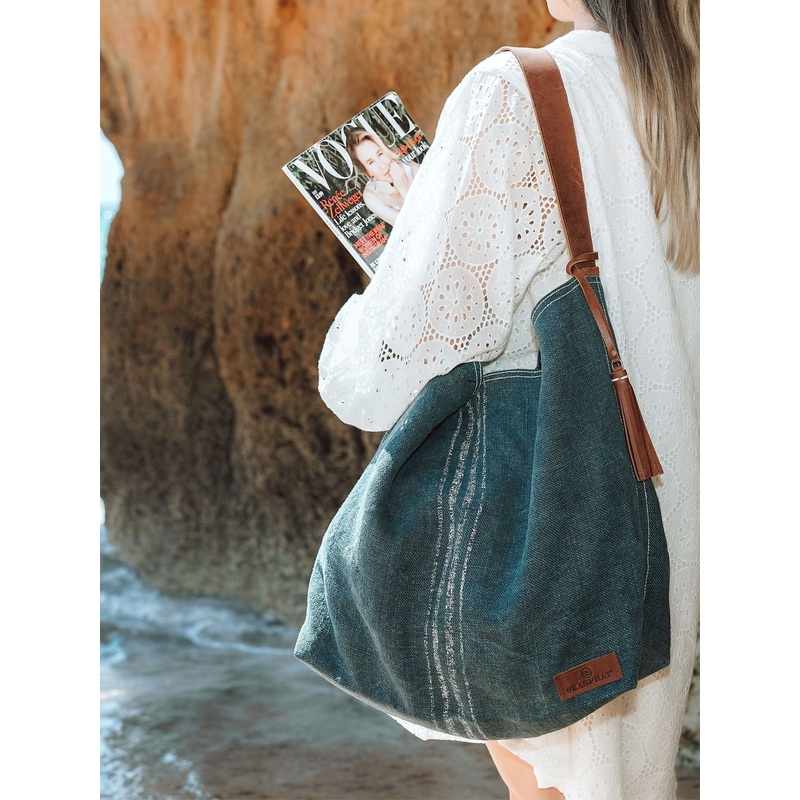 Seaspray Blue 100% Cotton Vertical Stripe Beach Bag