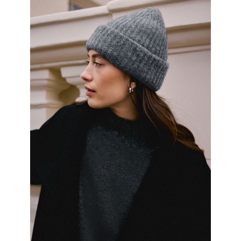 Charcoal Grey Knitted Ribbed Beanie Hat Containing RAS Alpaca