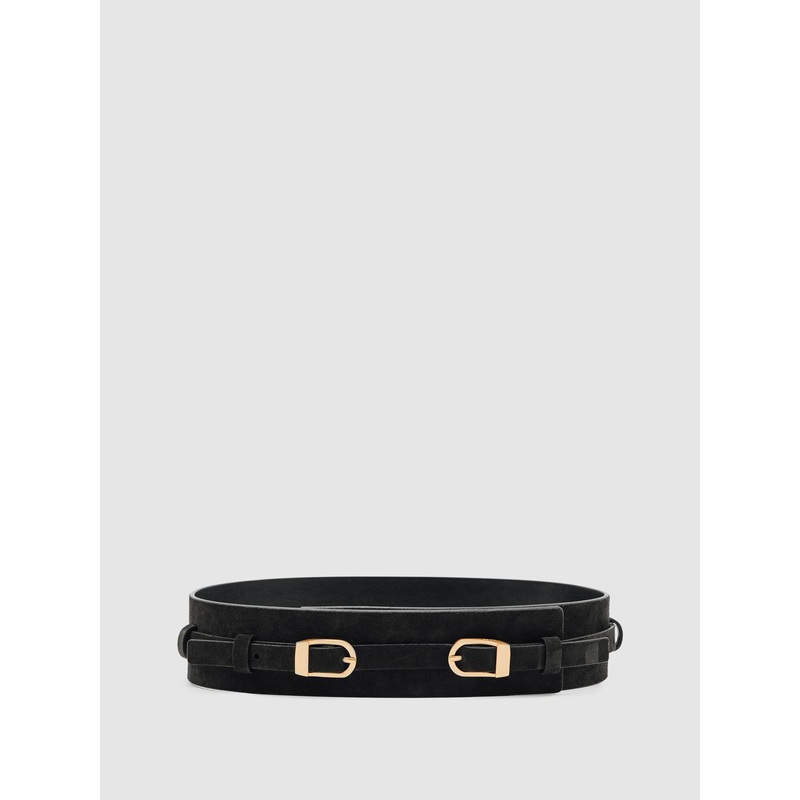 Reiss Chocolate Petula Suede Double-Buckle Waist Belt
