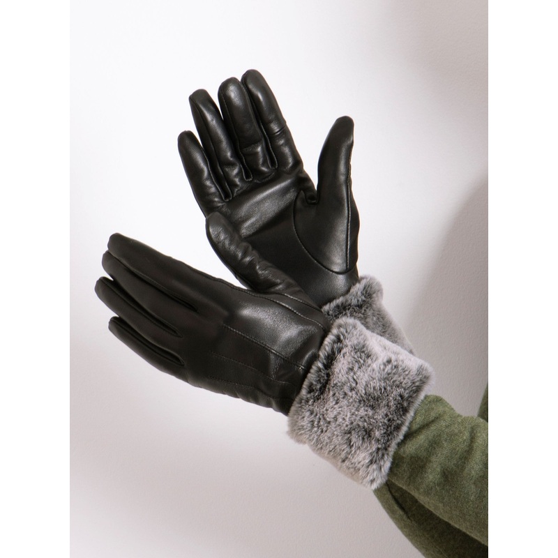 Totes Black Isotoner Ladies Leather Gloves with Faux Fur Cuff