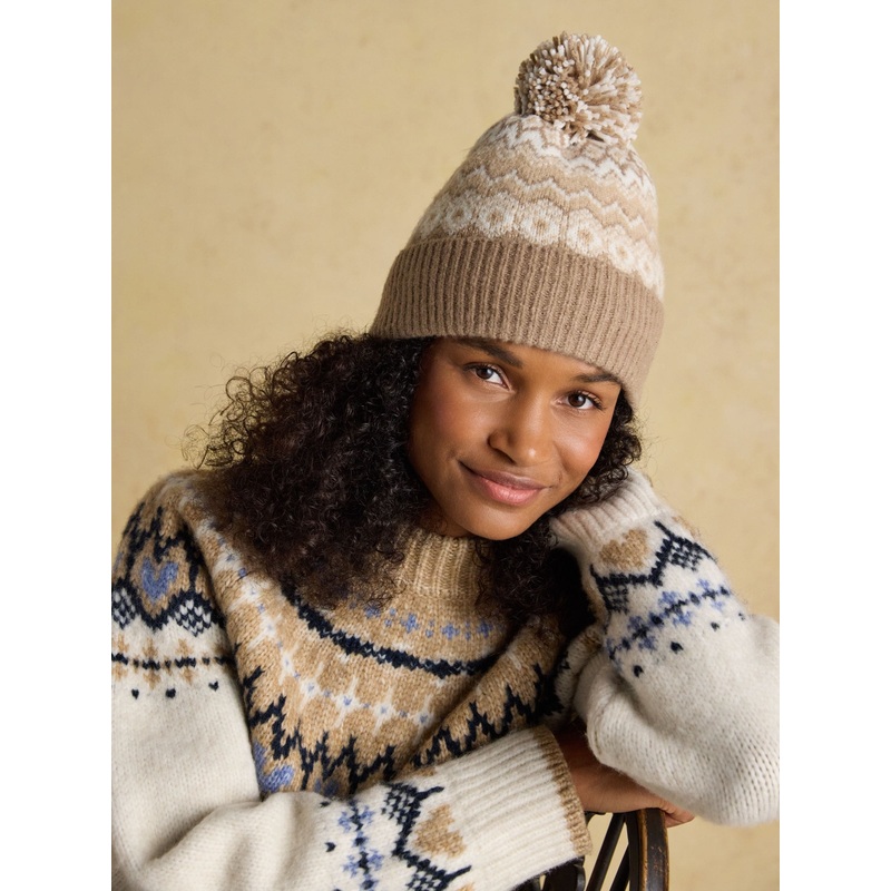 Joules Kara Neutral Fairisle Bobble Beanie Hat