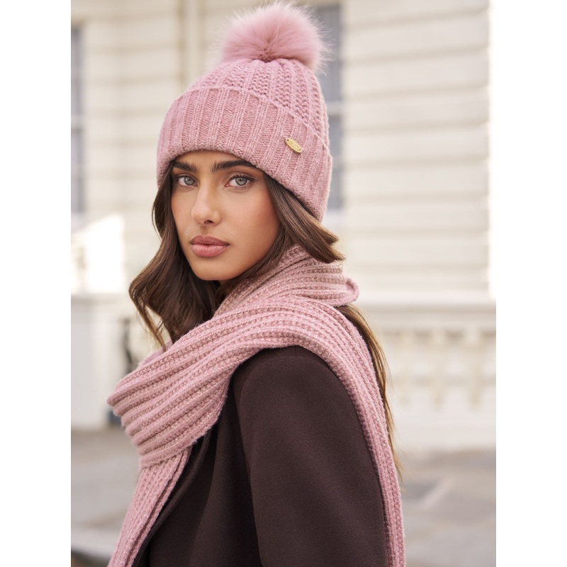 Lipsy Pink Shimmer Ribbed Pom Hat