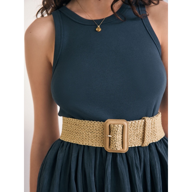 Natural/Gold Wide Raffia Effect Belt