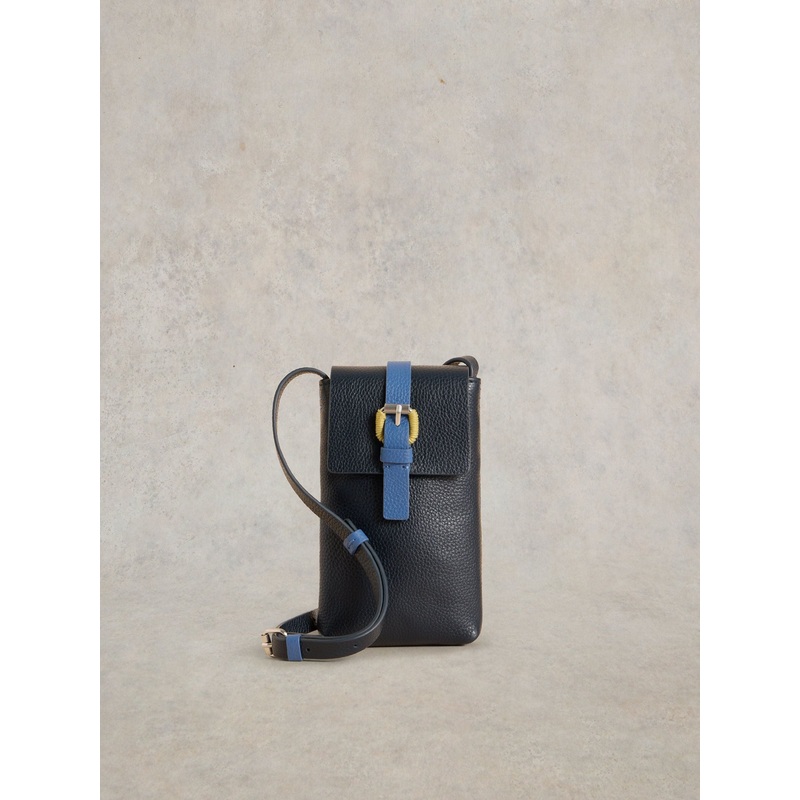 White Stuff Blue Clara Buckle Leather Phone Bag