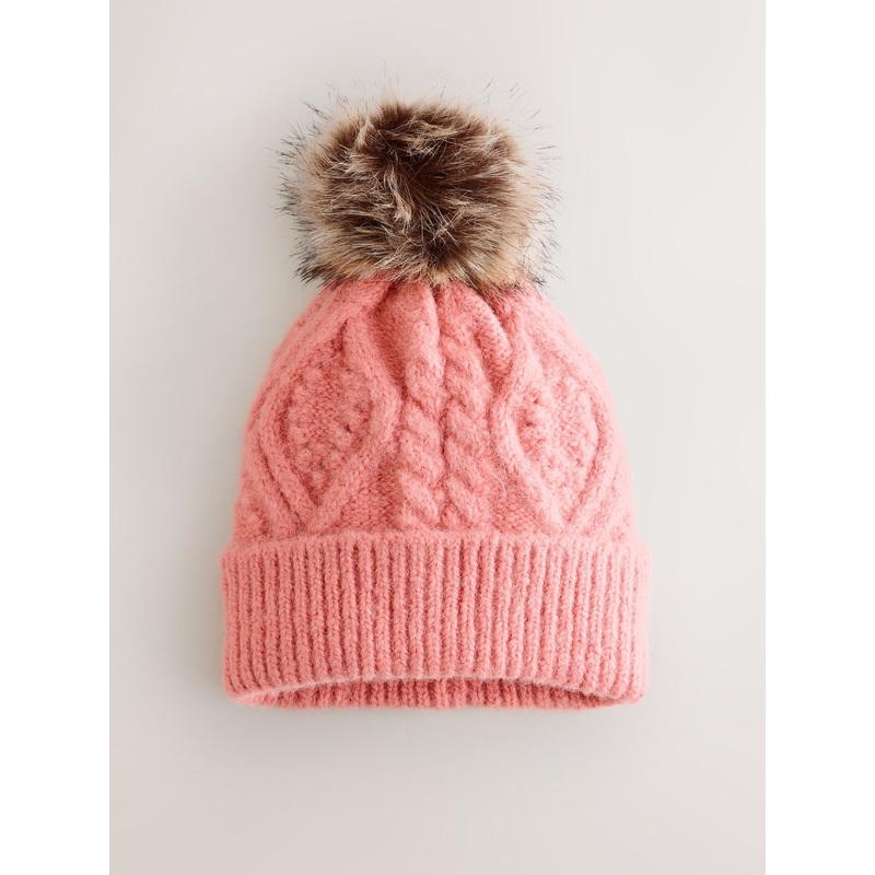 Coral Pink Cable Knitted Pom Hat