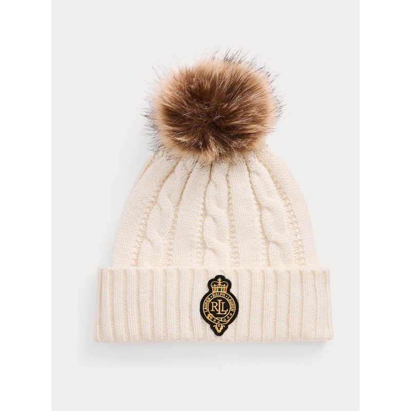 Lauren Ralph Lauren Cream Patch Knitted Pom Beanie Hat