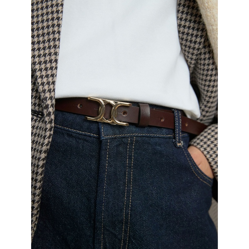 Chocolate Brown Statement Buckle Skinny Leather Belt