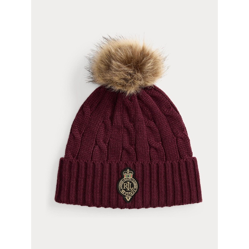 Lauren Ralph Lauren Red Patch Knitted Pom Beanie Hat