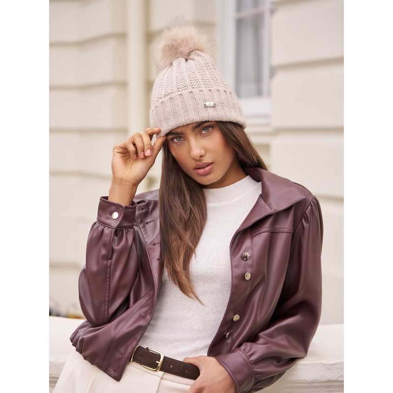 Lipsy Neutral Shimmer Ribbed Pom Hat