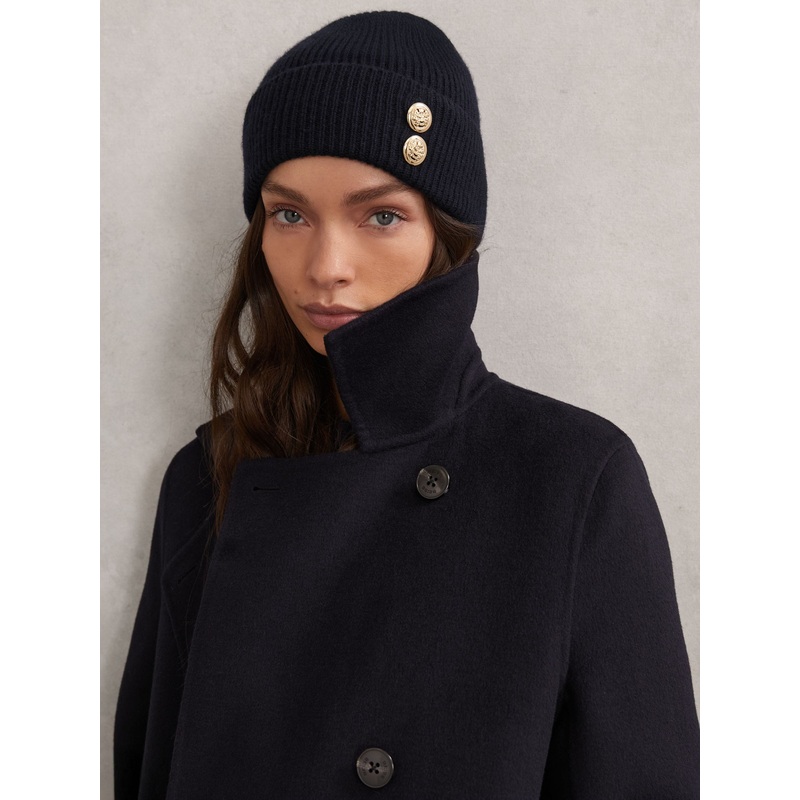 Reiss Navy Bianca Merino Wool Blend Button Beanie With Cashmere