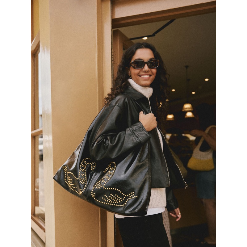 Rockett St George Black Studded Swan Hobo Shopper Bag