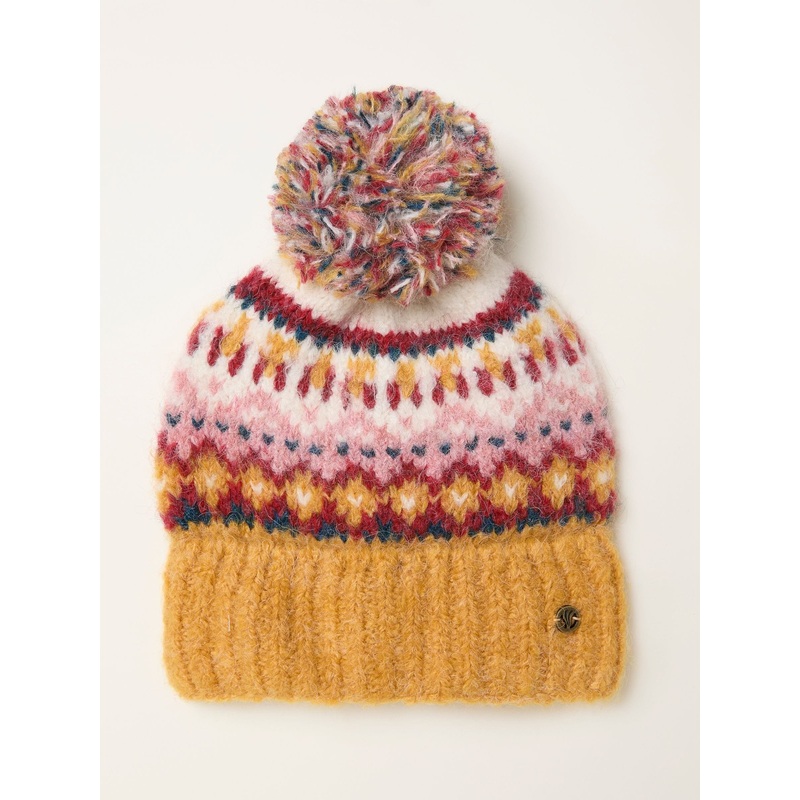 FatFace Luna Mustard Yellow Fairisle Bobble Hat