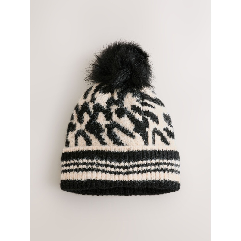 Black/White Animal Knitted Pom Hat