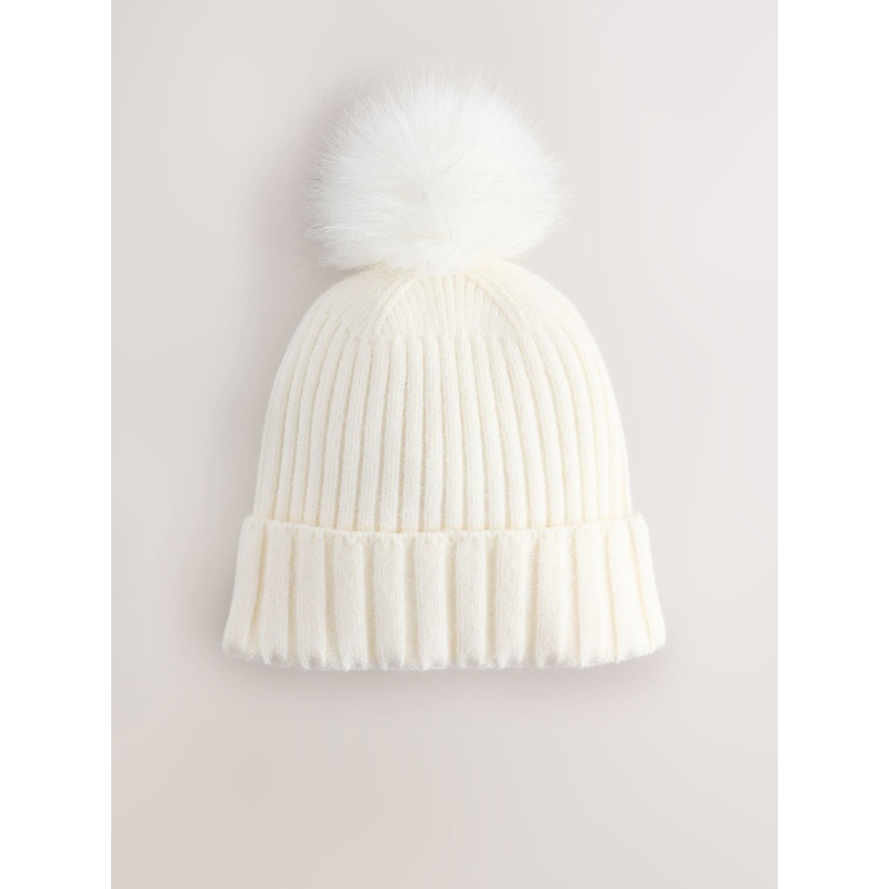 Ecru Rib Knit Pom Hat