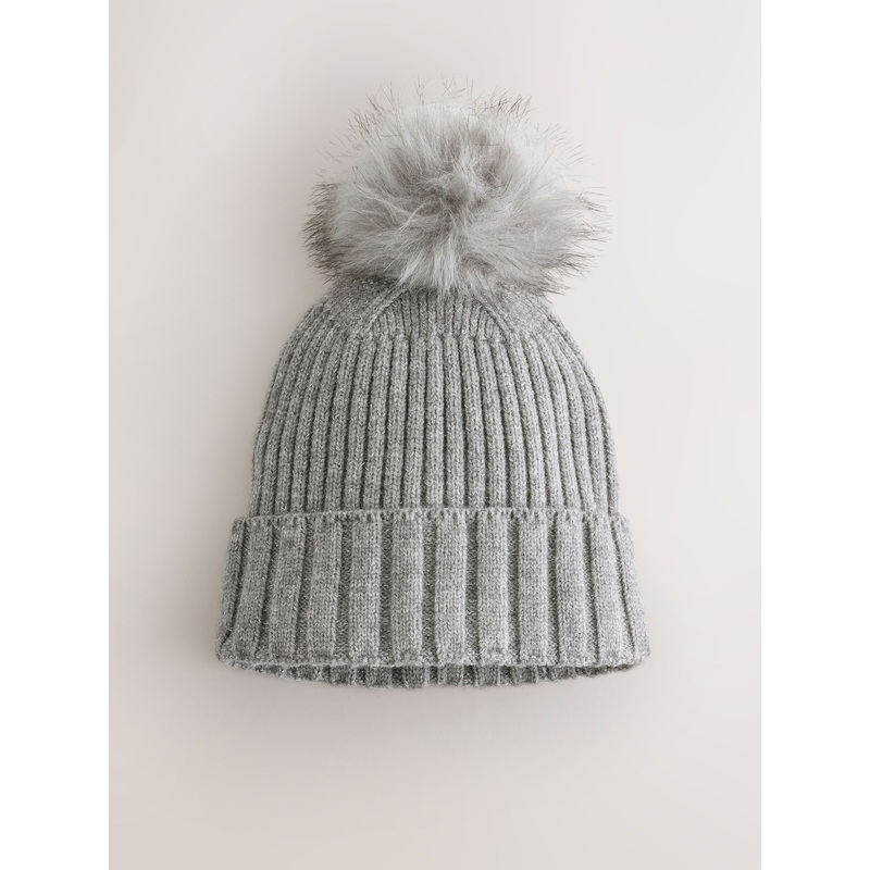 Grey Rib Knit Pom Hat