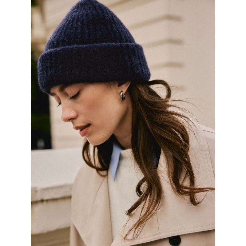 Navy Knitted Ribbed Beanie Hat Containing RAS Alpaca