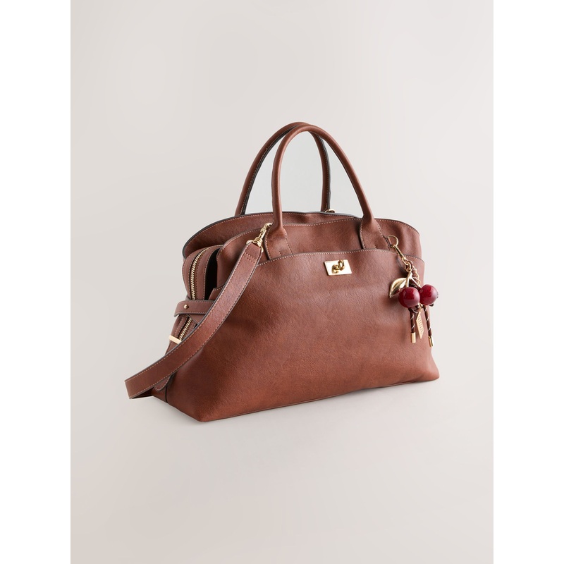 Tan Brown Large Tote Bag with Charms