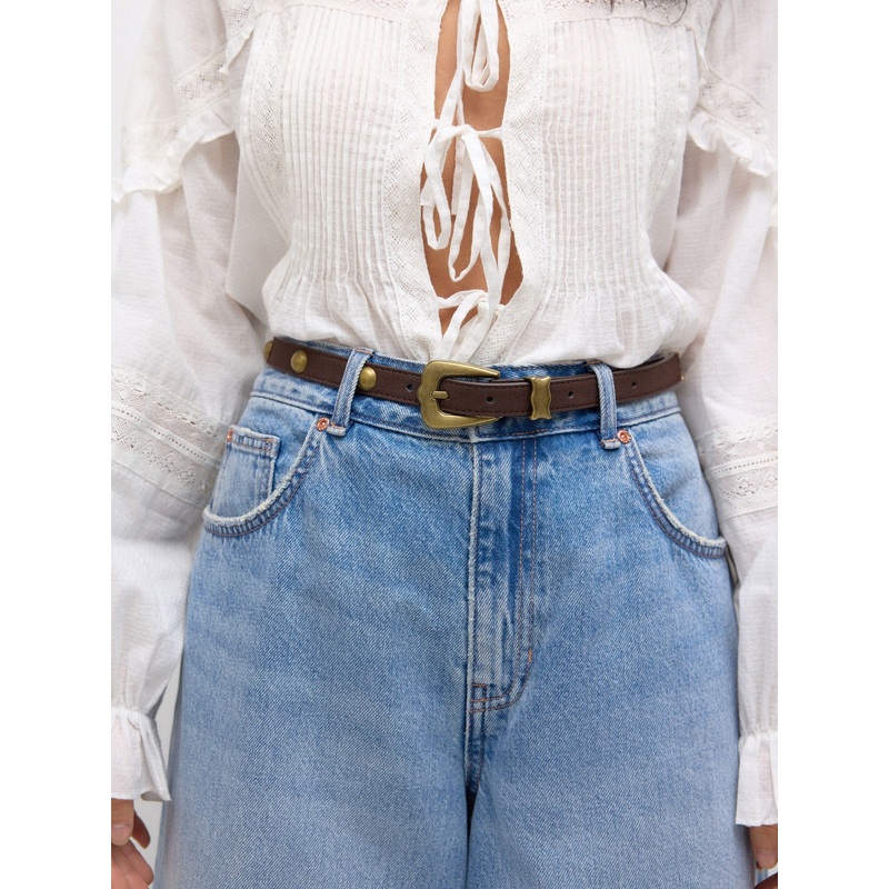 Chocolate Brown Skinny PU Domed Stud Belt