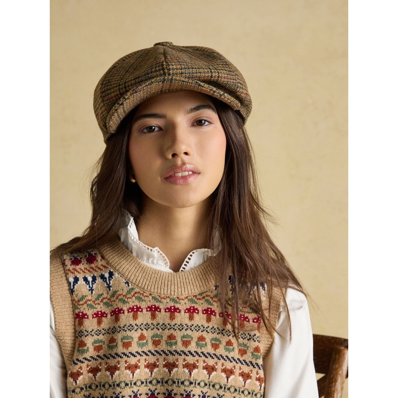 Joules Harrogate Brown Check Baker Boy Hat