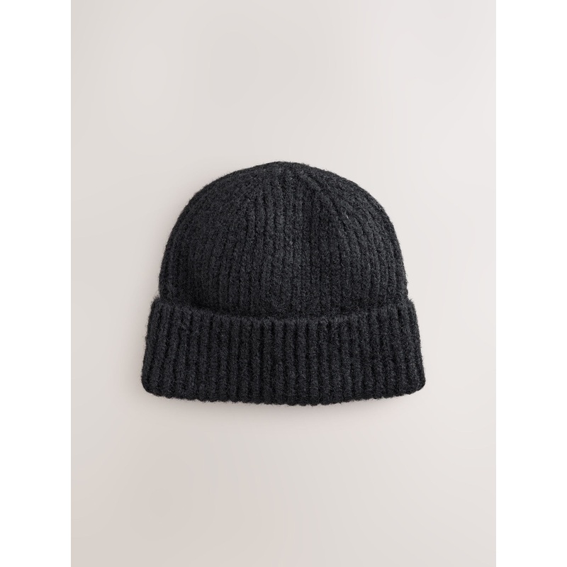 Black Ribbed Beanie Containing Wool Hat