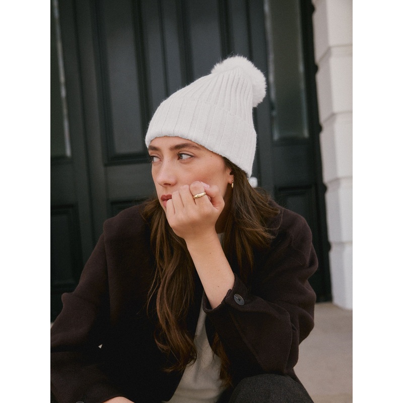 Cream 100% Cashmere Knitted Pom Hat