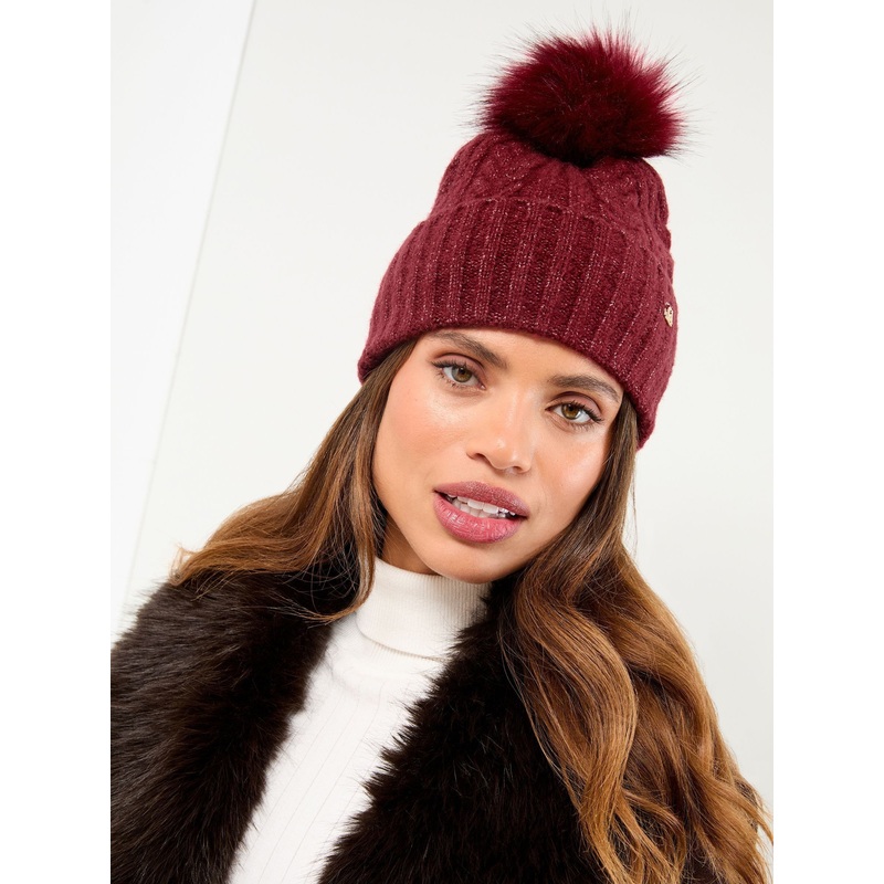 Lipsy Burgundy Red Cosy Cable Pom Hat