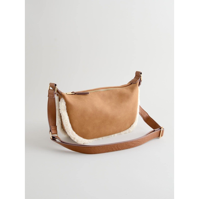 Tan Brown PU Borg Sling Shoulder Bag