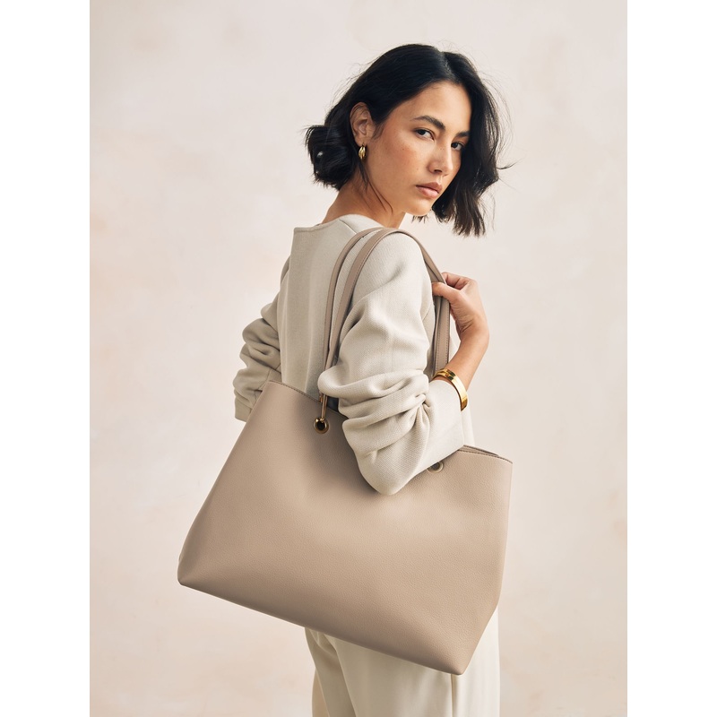 Taupe Structured Shoulder Bag with Detachable Purse