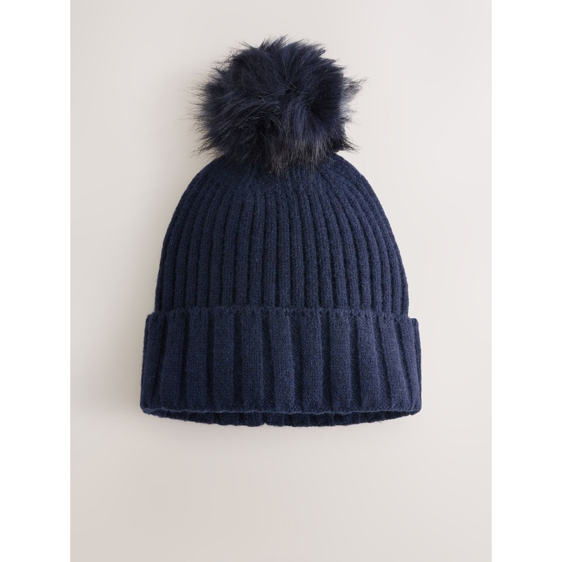Navy Rib Knit Pom Hat