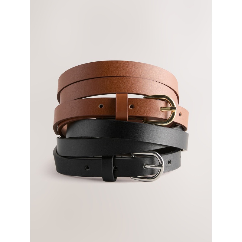 Black/Tan PU Skinny Belts 2 Pack