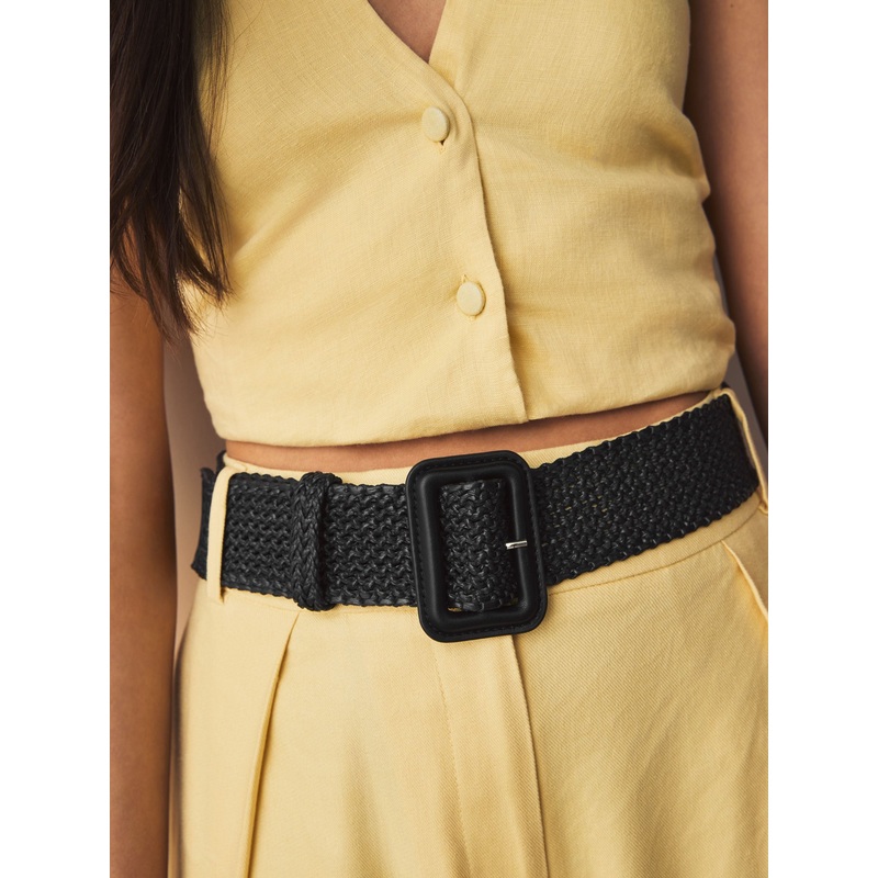 Black Wide Raffia Effect Belt