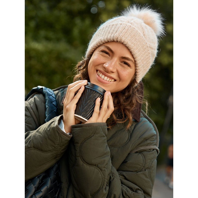 Oatmeal Pointelle Knit Pom Hat