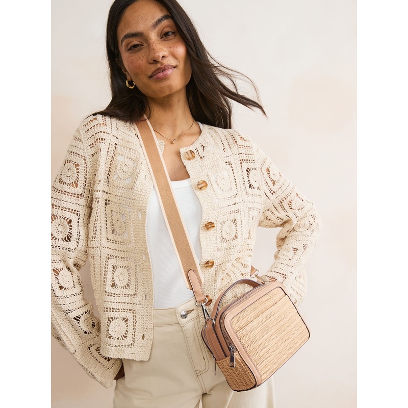 Tan Brown Raffia Effect Camera Bag