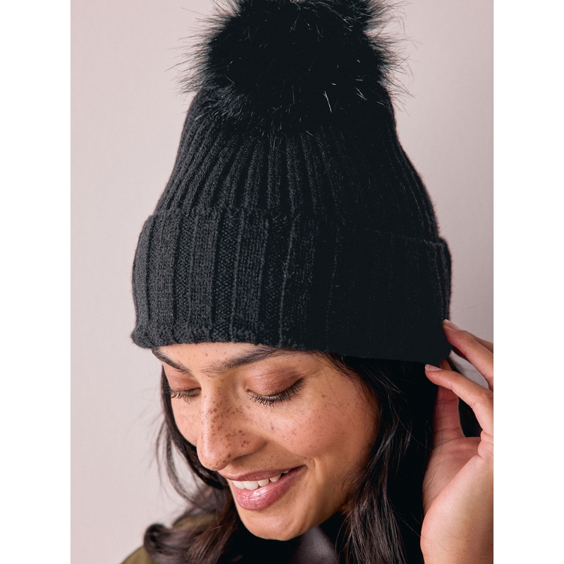 Black Rib Knit Pom Hat