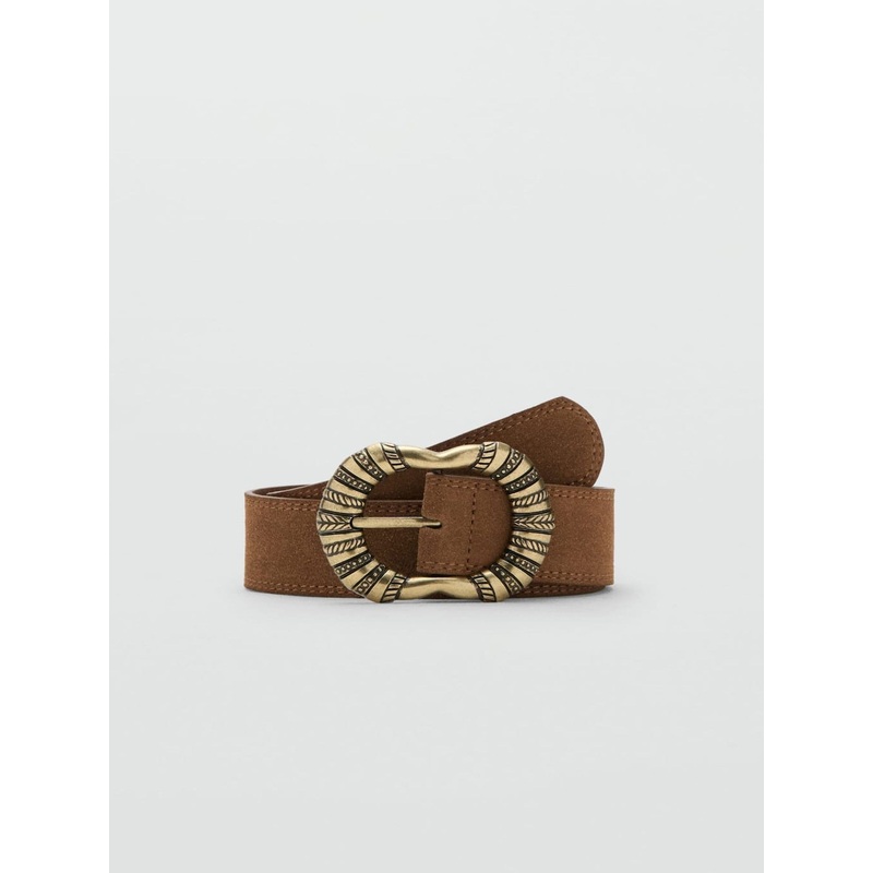 Mango Brown Suede Leather Belt With Engraved Buckle
